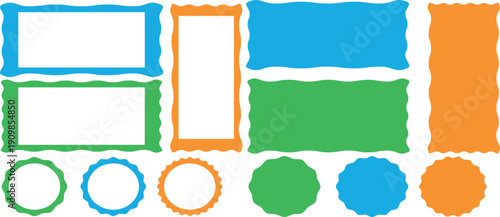 Zigzag frames edge, scallop edge shape. Postage stamp borders. jagged rectangular shape box. Rectangle, postcard, letter, note. Vector zigzag objects for badge, sticker, photo, frame. Vector set.