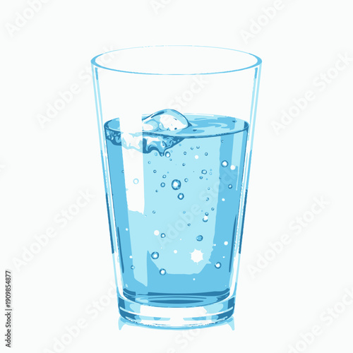 Crystal clear glass of refreshing blue water featuring bubbling effervescence symbolizing purity, health, hydration, and the essential life-sustaining element