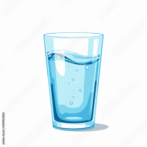 Illustration of a Clear Glass Filled with Refreshing Blue Water with Bubbles on a White Background Showcasing Hydration and Purity
