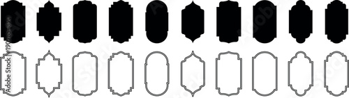 Islamic frames shapes badges. Arabic label frames. old mosque windows shape in oriental style islamic door, ramadan kareem set stylish frame, graphic style abstract shapes templates for social media.