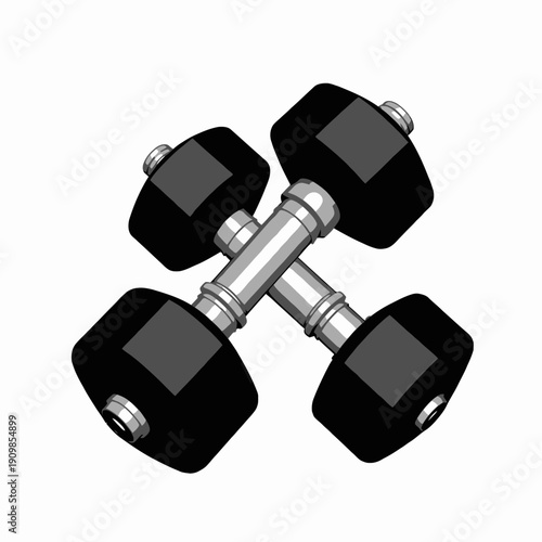 High-Quality Rendered Image of Two Shiny Black Dumbbells Crossed Together for Fitness and Strength Training Visualization and Health Promotion