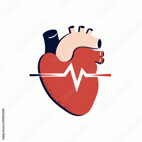Stylized Artistic Representation of a Human Heart with Cardiograph Line in Flat Design Illustration