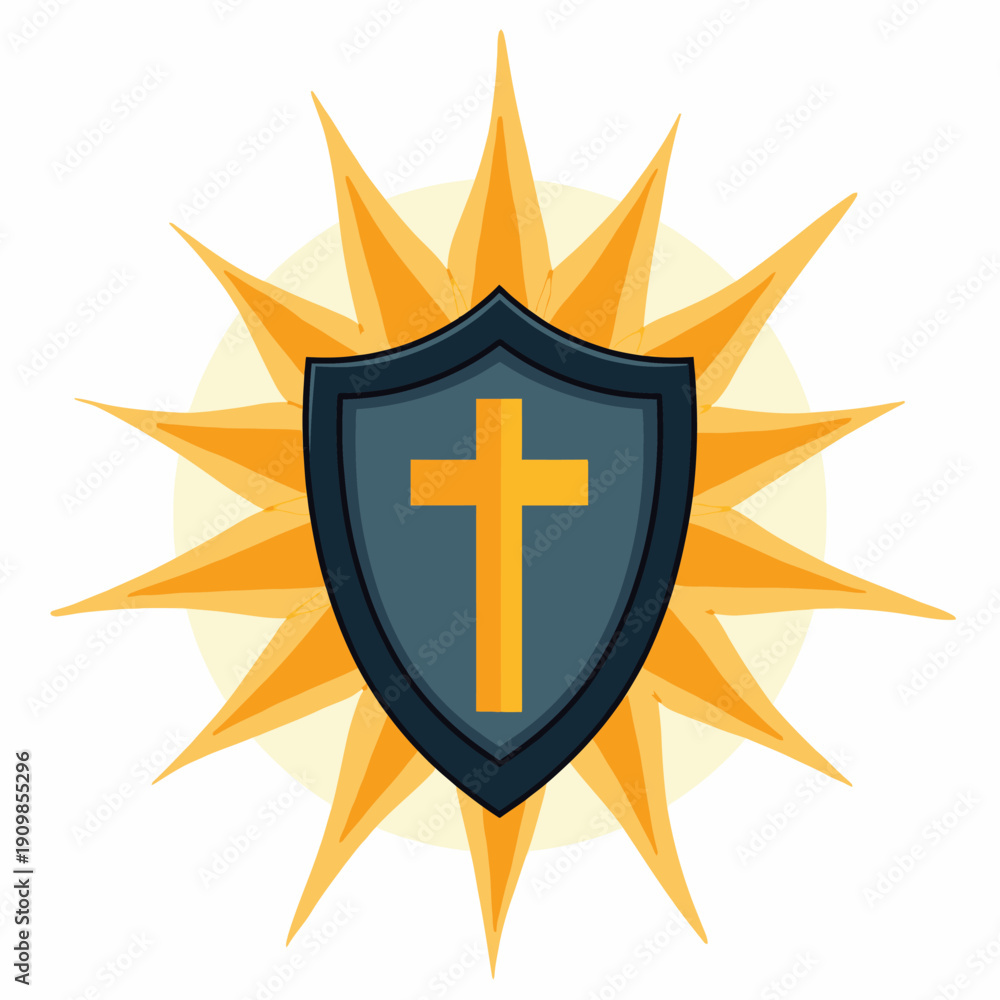 Fototapeta premium Illustration of a Protective Shield with a Christian Cross Symbol Set Against a Radiant Sunburst Background Representing Faith, Protection and Spirituality