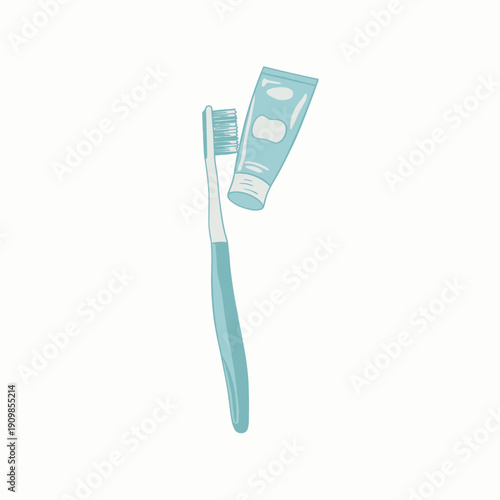Illustration of a Toothbrush with a Blue Handle and a Tube of Toothpaste on a White Background for Dental Hygiene Concepts