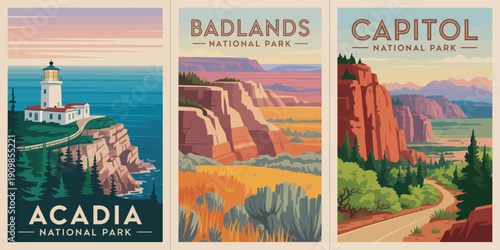 National Park poster, scenic landscapes of Acadia, Badlands, and Capitol National Parks with bold text