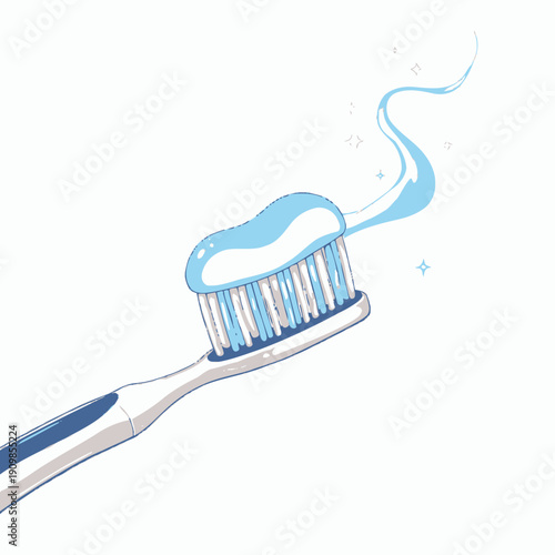 Illustration of a Toothbrush with Blue Gel Toothpaste and Sparkling Clean Effect Against a White Background