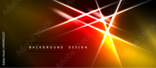 Abstract background features vibrant orange, red, yellow lines radiating from central bright point. Dark edges frame design.