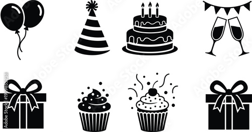Birthday party icons in black silhouette including cakes, gifts, and balloons Keywords: birthday, party, celebration, cake