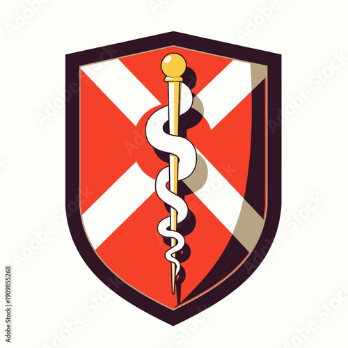 Classic Red and White Shield with Rod of Asclepius Symbolizing Medical Heritage and Protection