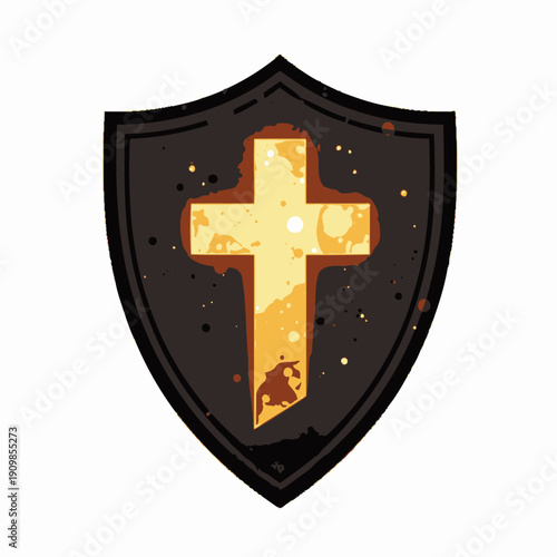 Radiant Golden Cross Emblazoned on Dark Shield Symbolizing Protection and Spiritual Strength in a Cosmic Design