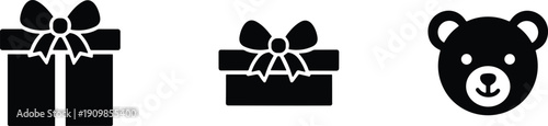 Black and white icons of gift boxes and a teddy bear face Keywords: gift box, present, teddy bear, bear face, icon, symbol