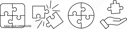 Four puzzle piece icons: assembled square, separating pieces, circular arrangement, and hand holding one piece.