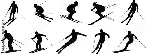 Collection of black silhouettes showing skiers in various downhill and slalom poses for winter sports competition and travel design
