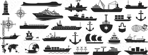Set of black nautical icons featuring cargo ships cruise liners anchors and lighthouses for marine transport and travel industry design