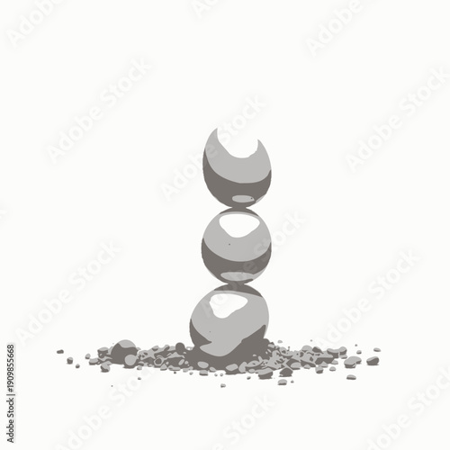 Artistic Balance of Three Smooth White Stones Stacked Vertically on Pebble Surface Against White Background