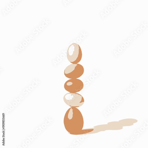 Precarious Balance: A Tower of Five Varied Eggs Stacked Vertically on a Clean White Surface, Casting a Subtle Shadow Against the Minimalist Background