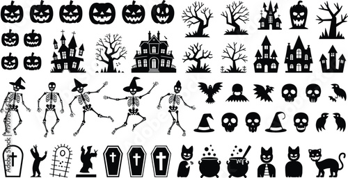 Collection of spooky black halloween silhouettes including pumpkins haunted houses skeletons and witches for october holiday celebration decoration vector set
