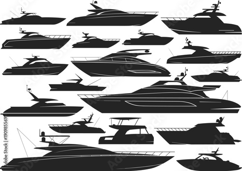 Collection of black luxury yacht and speedboat silhouettes for marine tourism and expensive lifestyle transport concept vector illustration set