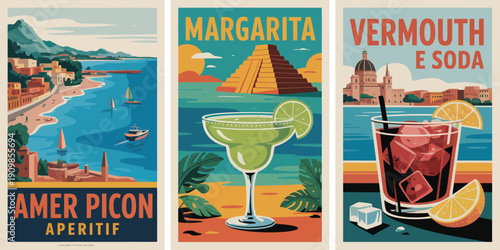 Cocktail poster, AMER PICON APERITIF text in orange yellow with golden Margarita glass lime garnish on turquoise