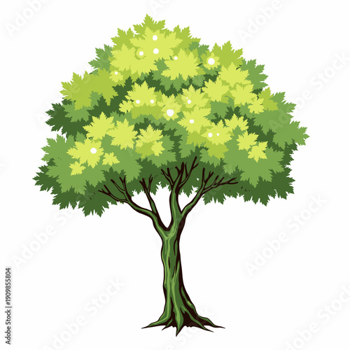 Vibrant Green Deciduous Tree with Lush Foliage and Sturdy Trunk in a Simplified Nature Illustration