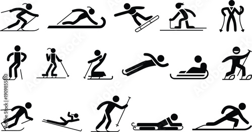 Set of black stick figure pictograms depicting winter sports like skiing snowboarding and sledding for holiday vacation vector icons