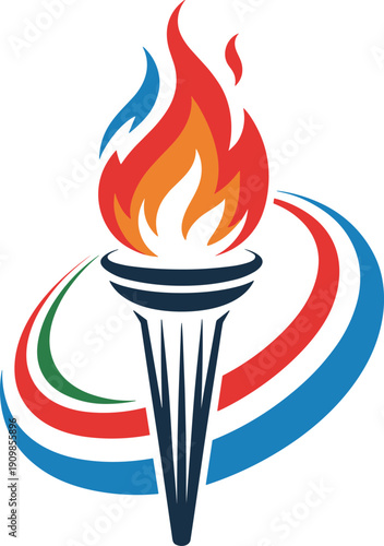 Stylized flaming torch illustration with colorful swooshes symbolizing victory and sports competition for championship event logo vector design element