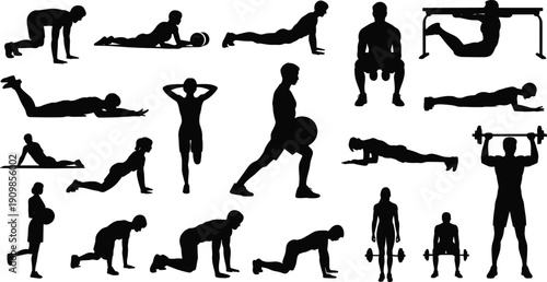Set of black silhouettes showing men and women working out in gym doing push ups and lifting weights