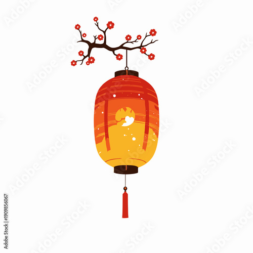 Elegant Chinese Lantern with Cherry Blossom Branch and Glowing Light Depicting Traditional Cultural Design Elements and Festive Atmosphere