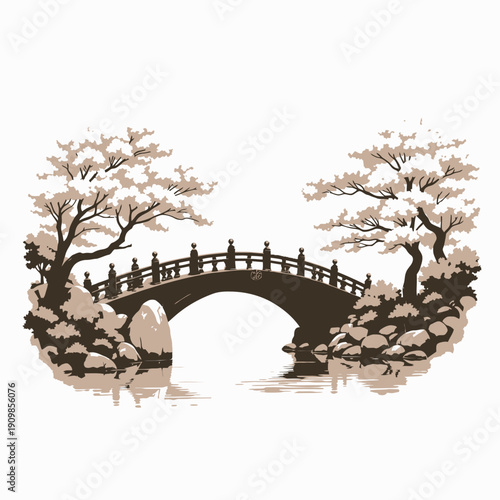 Serene Oriental Landscape with Curved Wooden Bridge and Pink Cherry Blossom Trees Reflecting in a Tranquil Pond with Rocky Embankment