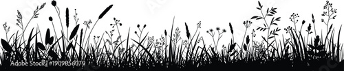 Black silhouette of meadow grass and wildflowers border for nature background and spring season landscape decoration vector design element