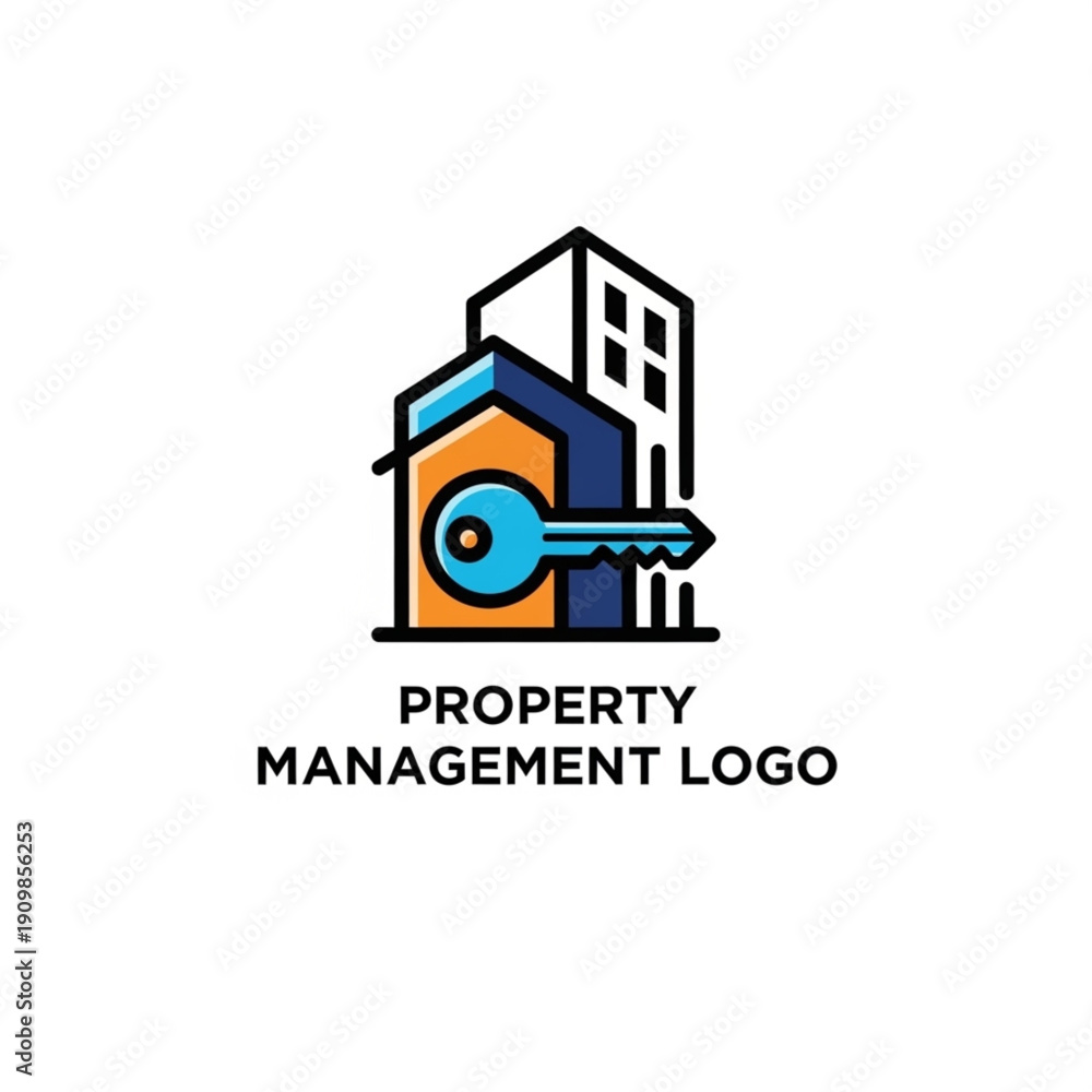 Obraz premium Property Management Logo Icon with Building and Key, Real Estate Business Concept Graphic
