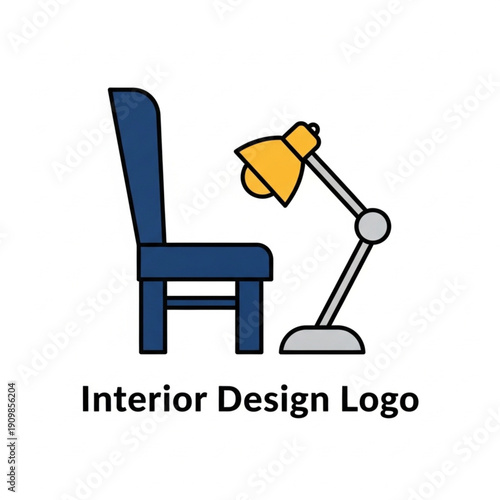 Minimalist flat design logo concept featuring a blue chair and an adjustable yellow desk lamp, perfect for interior design or furniture business branding.