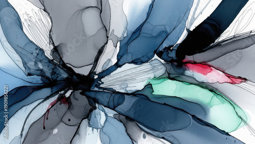 Dynamic abstract illustration of fluid shapes in motion, viewed from above, showcasing vibrant colors and organic forms