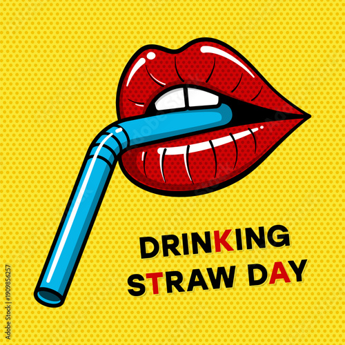 Bright red lips hold a blue straw against a cheerful yellow background, highlighting the fun spirit of drinking straw day on January 3, inviting everyone to celebrate with style