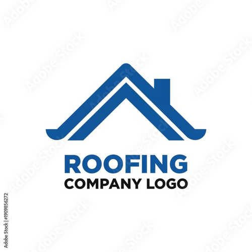 Modern Blue Minimalist Roofing Company Logo with Abstract House Shape and Chimney Icon