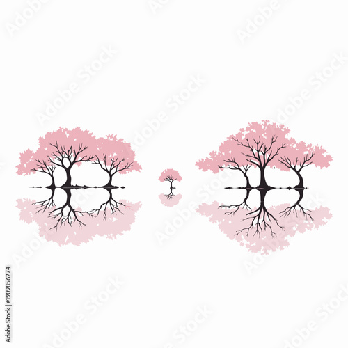 Minimalist Illustration of Pink Blossoming Trees with Reflections on Water Creating a Symmetrical and Serene Landscape