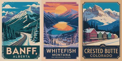 Banff Alberta poster, dramatic sunset over mountain lake with town at base and white capital text