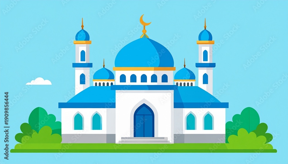Fototapeta premium Modern white mosque with blue domes and golden crescent illustration vector design