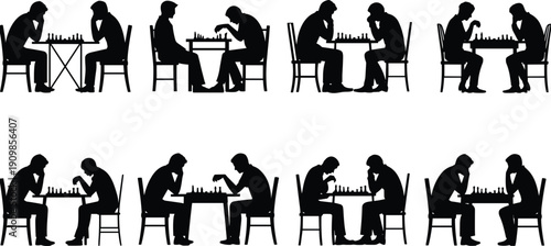 Collection of black silhouettes showing two men playing chess game at table thinking strategy and competition concept vector illustration set