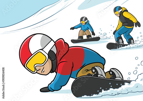 Cartoon snowboarder sliding down snowy slope with friends in winter sports activity vector illustration for extreme holiday vacation design