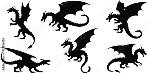 Set of black dragon silhouettes featuring mythical winged beasts in flying and standing poses for fantasy tattoo and logo design