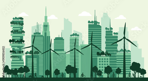 Sustainable green city skyline with wind turbines and vertical gardens illustrating renewable energy and eco friendly urban living concept art