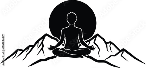Black silhouette of person meditating in lotus position with mountains and sun background for relaxation and spiritual mindfulness concept art