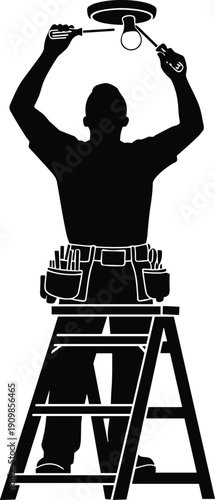 Black silhouette of handyman standing on ladder repairing ceiling light with screwdriver for home maintenance and electrical service concept vector illustration