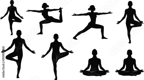 Collection of black silhouettes showing women practicing various yoga poses for fitness health and spiritual balance design vector illustration set