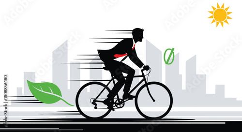 Businessman riding bicycle to work with green leaf and sun illustrating zero emission eco friendly transportation and sustainable city lifestyle concept