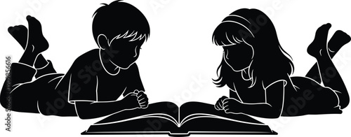 Black and white silhouette of a little boy and girl lying on the floor reading an open book together