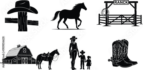 Black and white silhouette collection of wild west cowboy elements including horse ranch gate barn boots and cowgirl family