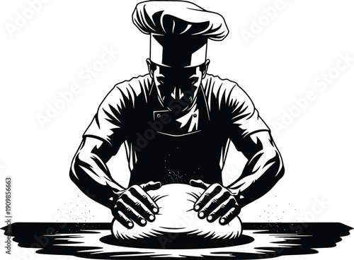 Black and white silhouette of a professional baker chef kneading fresh dough on a table wearing a chef hat