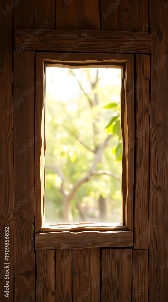 Fototapeta premium Rustic Wooden Window Frame Green Foliage View